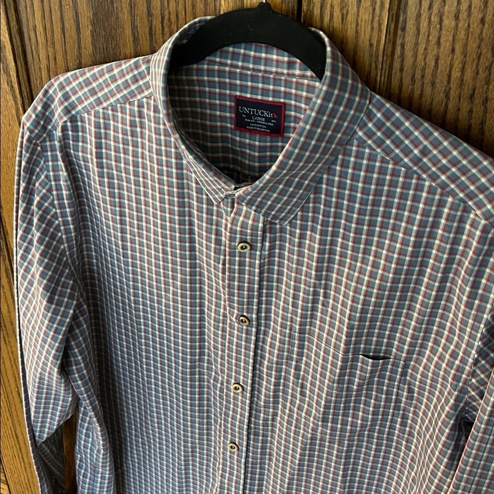 Untuckit Shirt Blue Red White Plaid Check Button Down Up Dress Office Mens Large - Picture 3 of 7